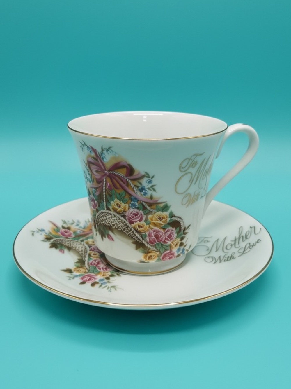 Vintage Saji Japan "To Mother With Love" Fine China Tea Cup & Saucer Set